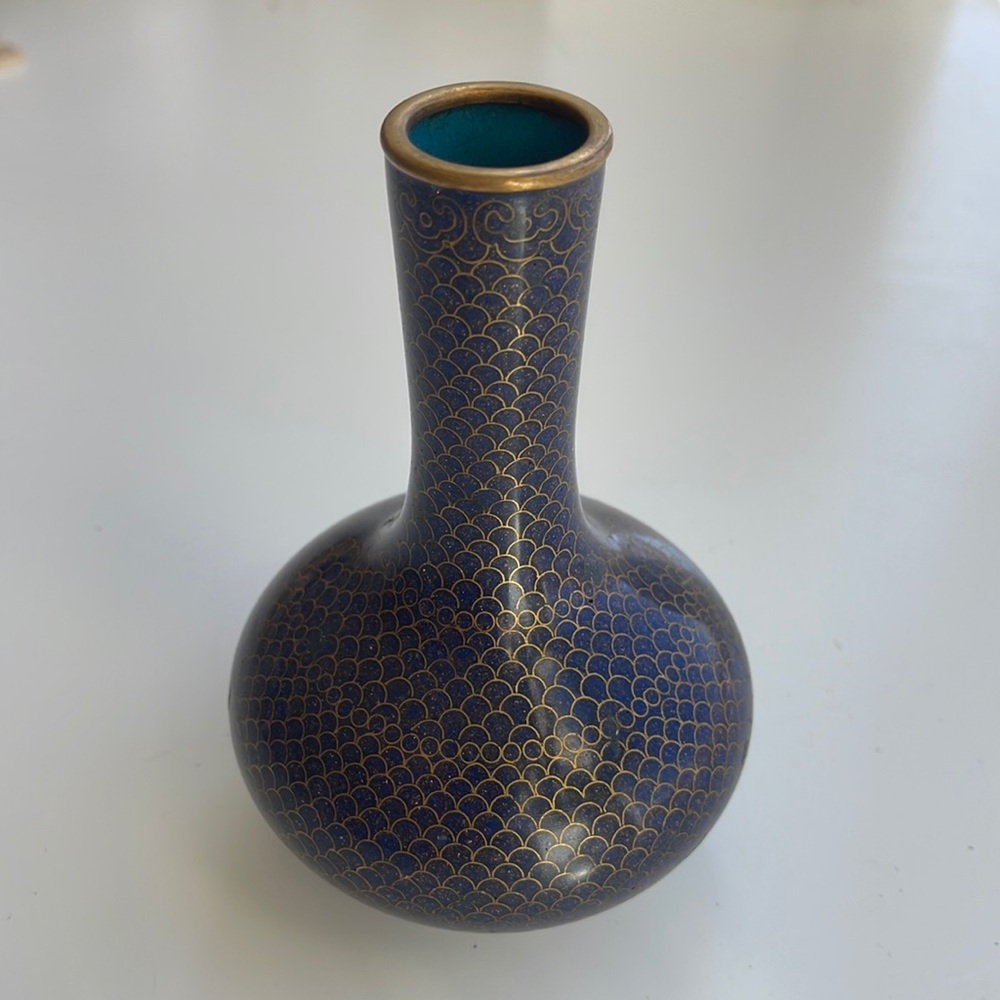 VINTAGE 💙 Cloisonne Chinese Blue Brass Enamel Vase